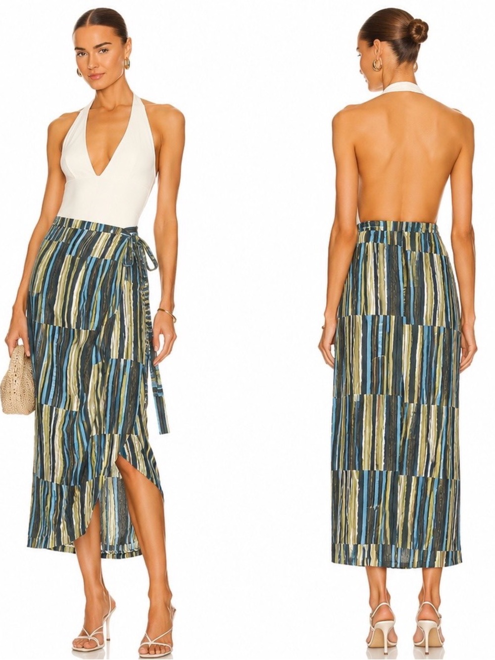 Silk Wrap Skirt Midi Bias Cut Art Print Abstract Striped